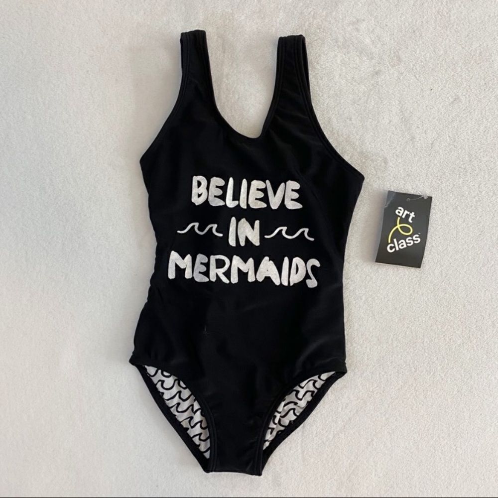Art Class Girls Black White Waves Believe in Mermaids One Piece Swim Girls XS